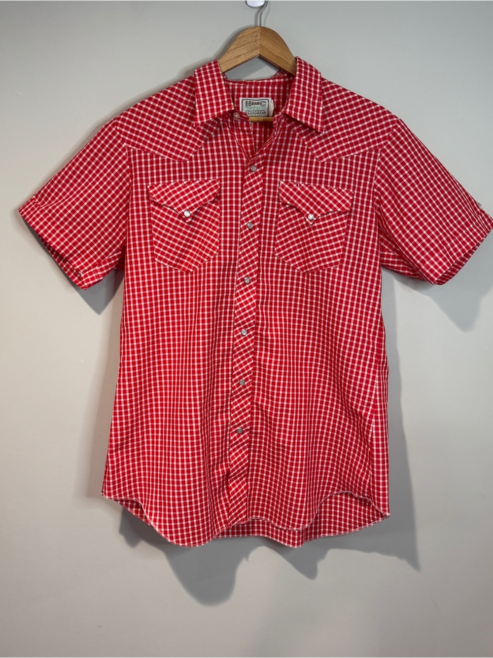 Vintage H Bar C California Ranchwear Red White Check Button Up Shirt Pearl Snap